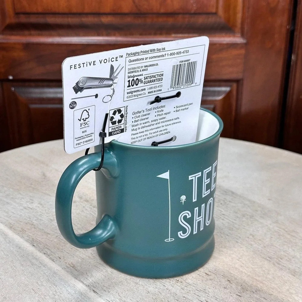 Tee Shot Golf Mug With 6-in-1 Divot Tool Festive Voice Green 12 oz New